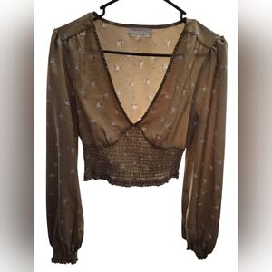 Urban Outfitters Khaki Floral Smocked Blouse